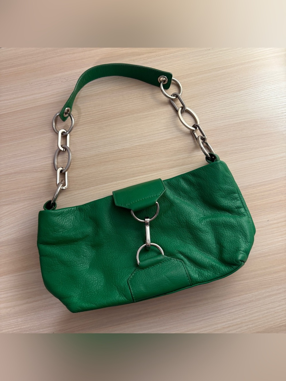 VTG Y2K Green Leather Shoulder Bag Chunky Silver Chain Hardware Indie Cyber 2000